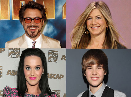 Robert Downey Jr., Katy Perry, Justin Bieber, Jennifer Aniston Robert Downey Jr., Katy Perry, Justin Bieber, Jennifer Aniston